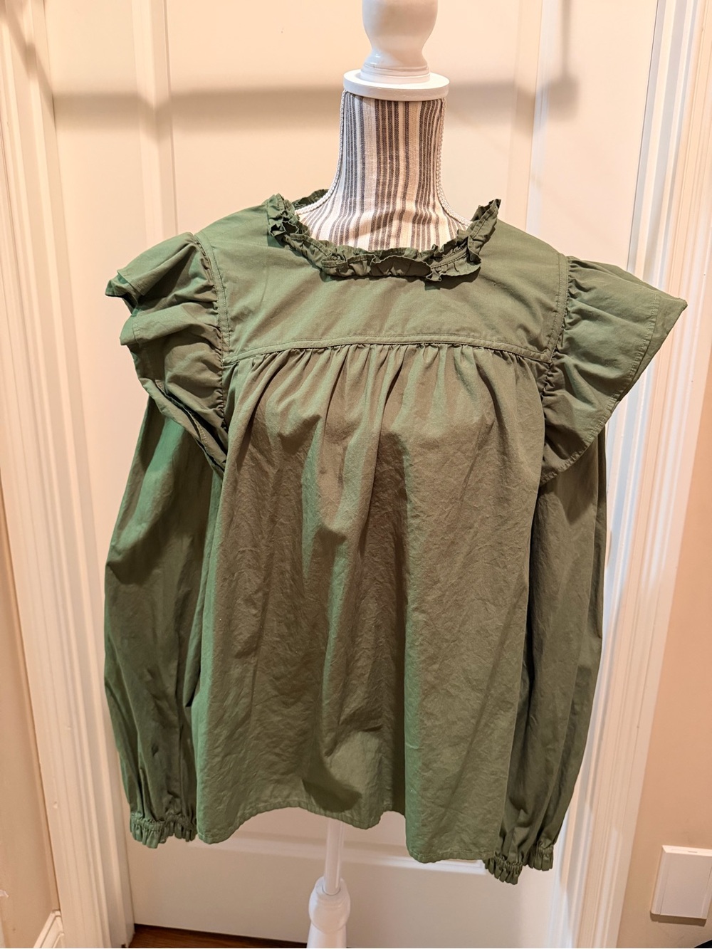crown & ivy Olive Green Ruffle Yoke Blouse cotton - Picture 1 of 7